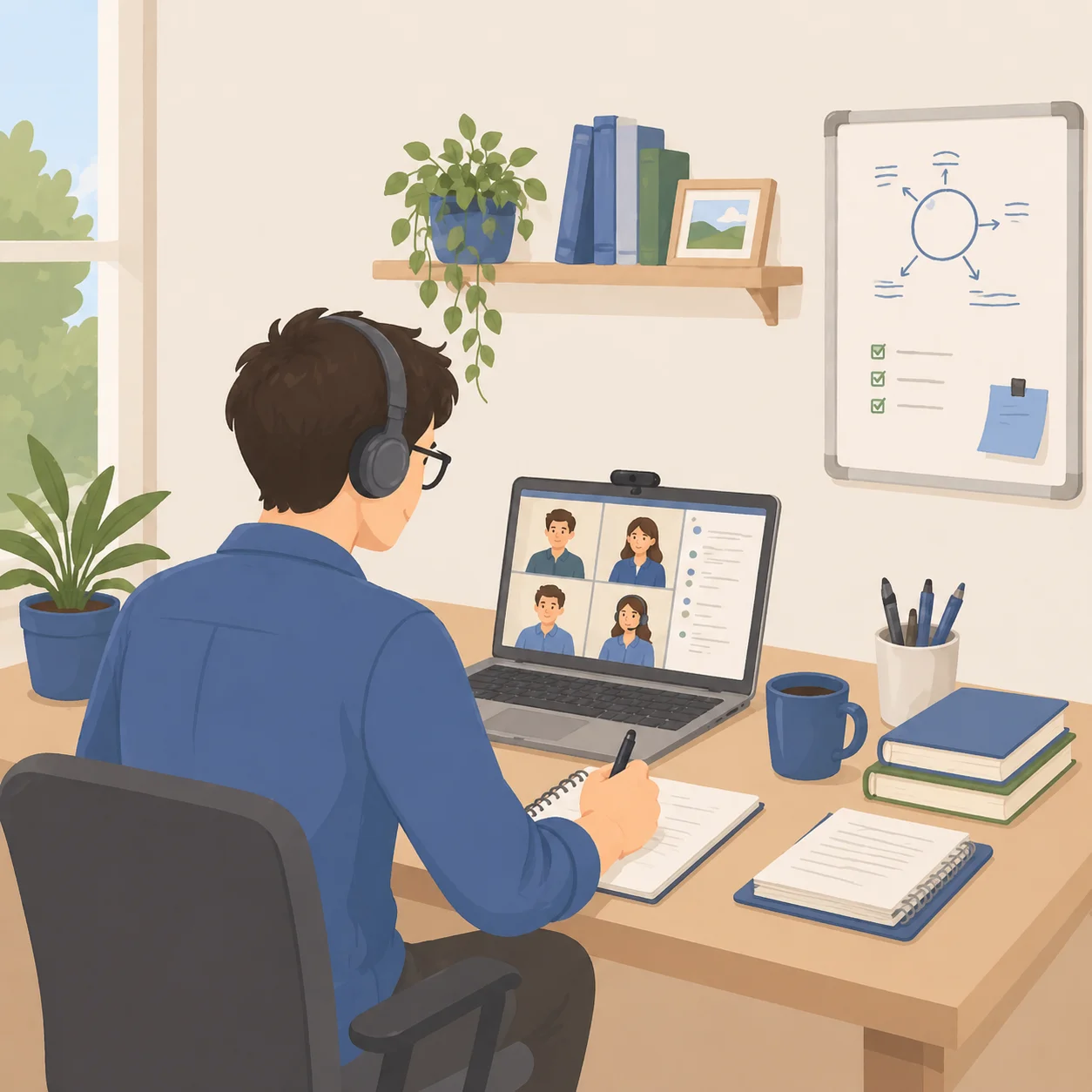 Distance-learning teacher leading a class over video