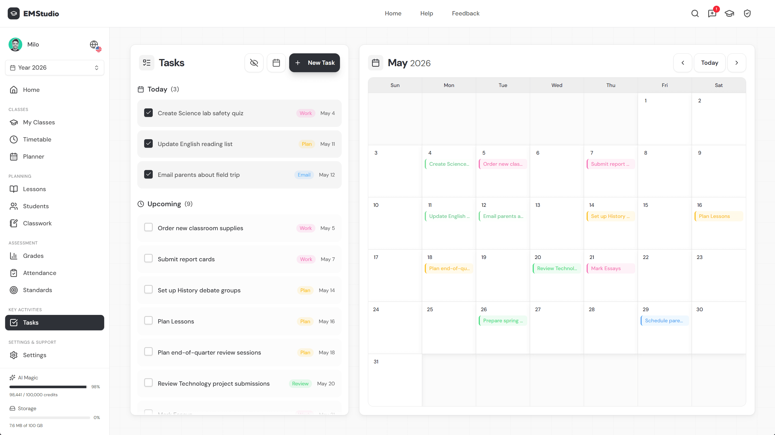 Teacher to-do list with due dates and tasks tagged to each class