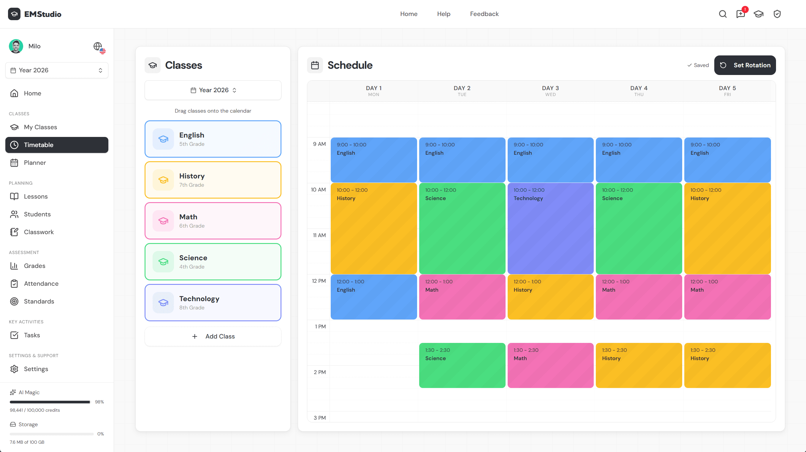 Weekly class timetable with rotation days and color-coded periods