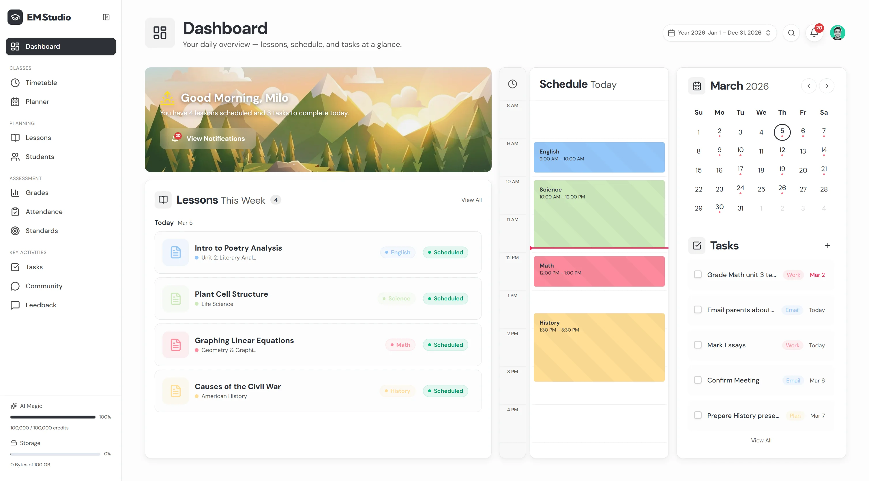 EMStudio Pro dashboard showing classes, lessons, and grades